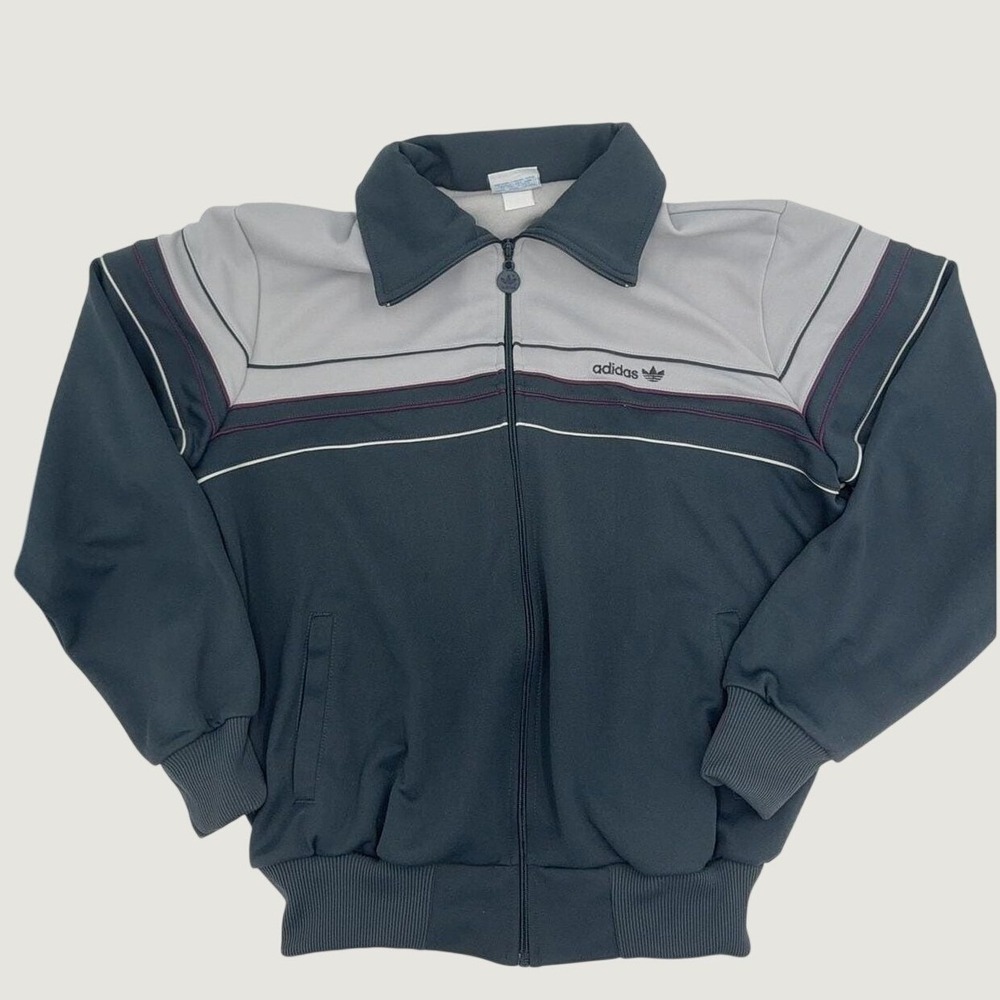 Vintage 80s Adidas Trefoil Track Jacket Grey Charcoal Full Zip Mens Large Coat